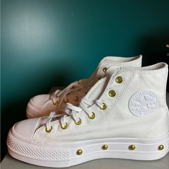 Converse Chuck Taylor Studded Platform White High-Tops with Gold Eyelets - Picture 4 of 10